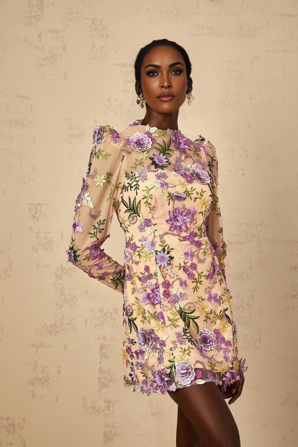 Ofelia Mini Dress Purple Floral Appliqu Embroidered Tulle