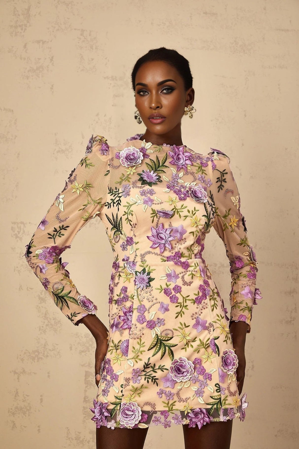 Ofelia Mini Dress Purple Floral Appliqu Embroidered Tulle