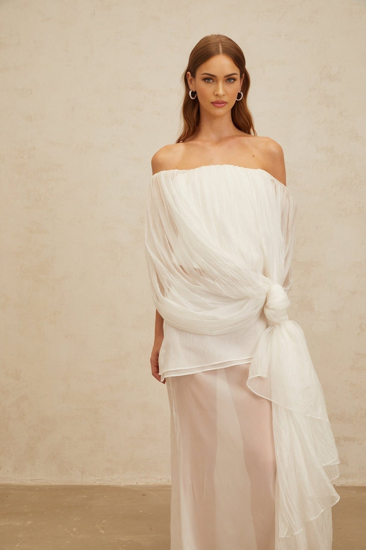 Off Shoulder Top & High Rise Skirt - Tulle Fabric - Semi - Sheer - Shirred Effect - Draped Detailing