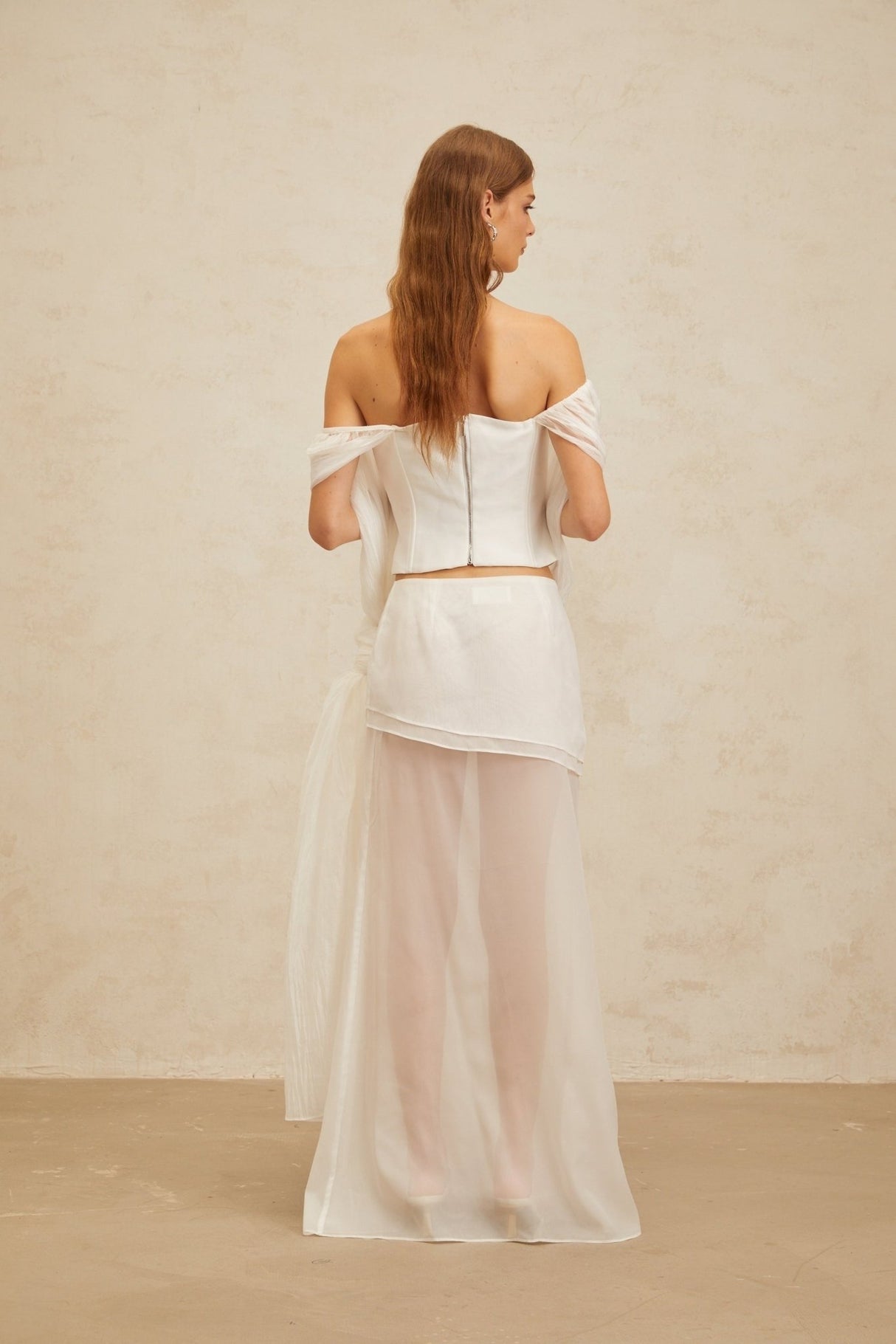 Off Shoulder Top & High Rise Skirt - Tulle Fabric - Semi - Sheer - Shirred Effect - Draped Detailing