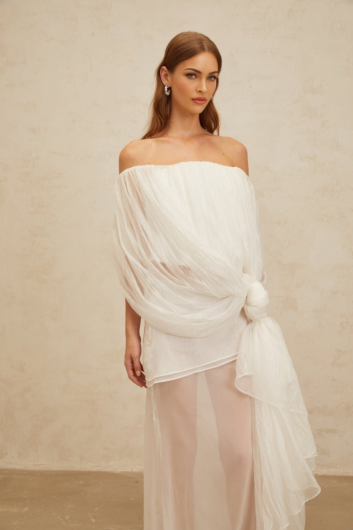 Off Shoulder Top & High Rise Skirt - Tulle Fabric - Semi - Sheer - Shirred Effect - Draped Detailing