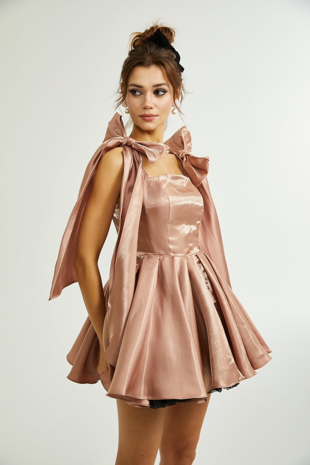 Olga Dress Brown Bow Detail Flare Mini