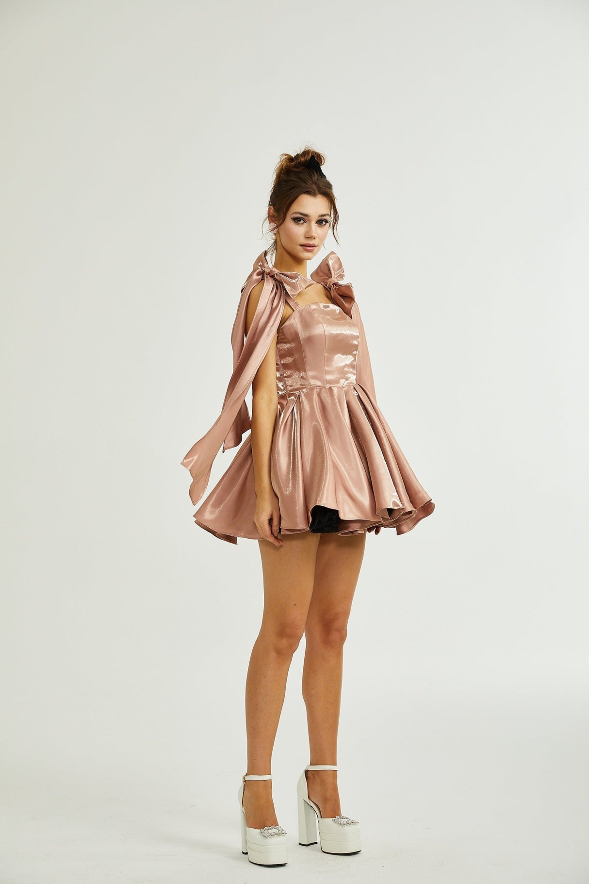 Olga Dress Brown Bow Detail Flare Mini