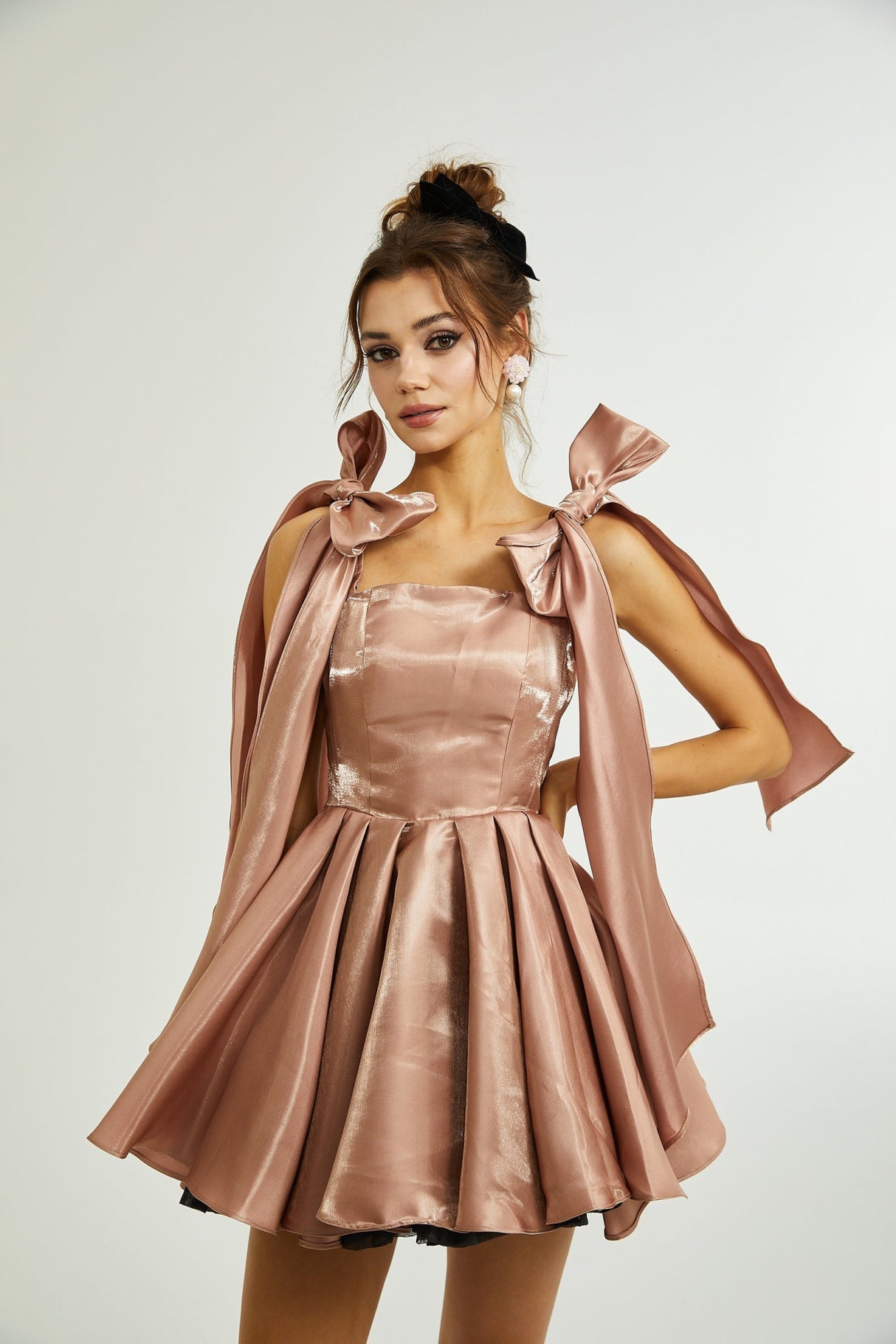 Olga Dress Brown Bow Detail Flare Mini