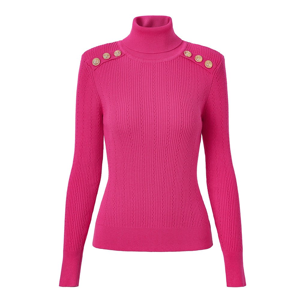 Olga Fitted Ribbed Knit Sweater - High Neck Design with Decorative Buttons on Shoulders