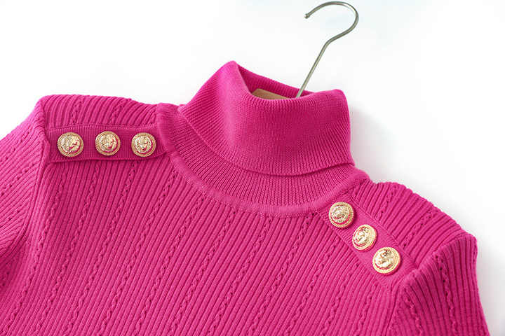 Olga Fitted Ribbed Knit Sweater - High Neck Design with Decorative Buttons on Shoulders