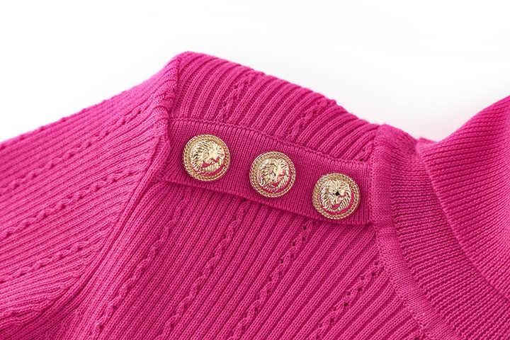 Olga Fitted Ribbed Knit Sweater - High Neck Design with Decorative Buttons on Shoulders