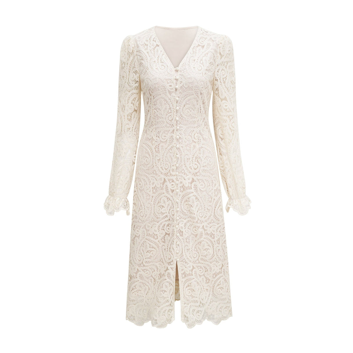 Olivia Long Sleeved Dress White Lace Pierced Effect V - Neck