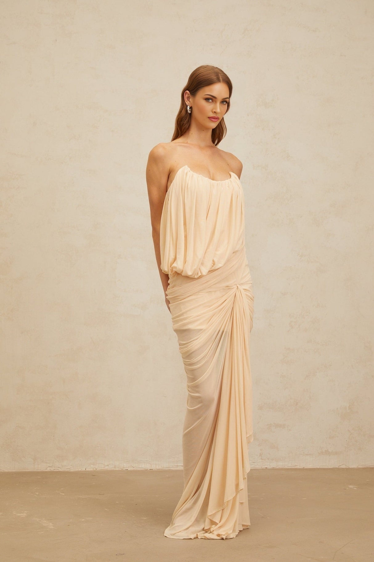 Olivia Maxi Dress - Off the Shoulder - Sleeveless - U - Neckline - Ruched Ribbon Design