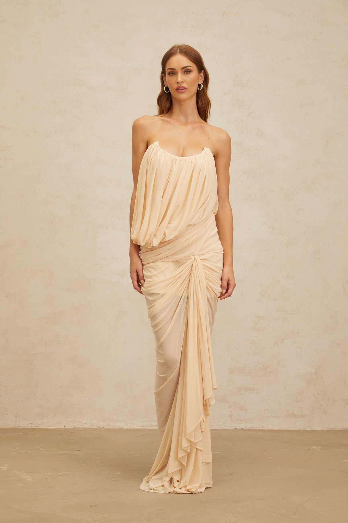 Olivia Maxi Dress - Off the Shoulder - Sleeveless - U - Neckline - Ruched Ribbon Design