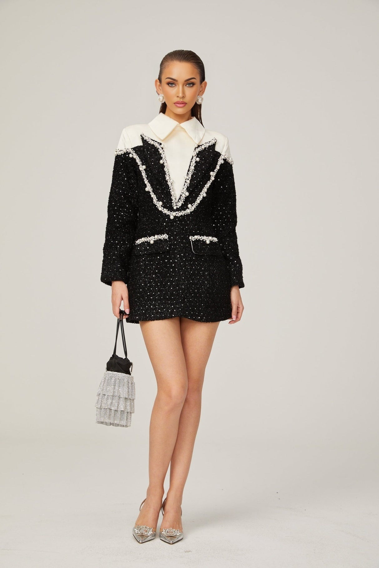 Olivia Mini Dress Monochrome Tweed Pearls