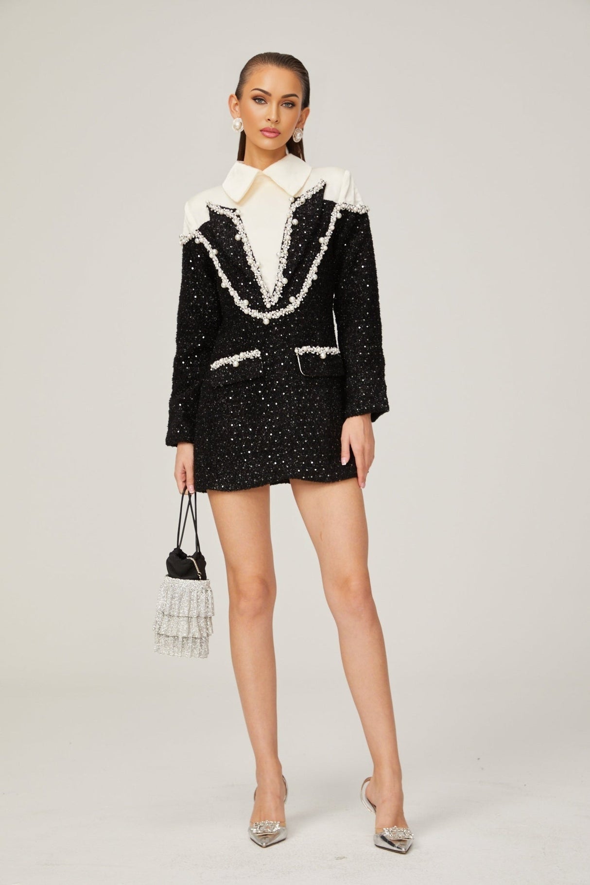 Olivia Mini Dress Monochrome Tweed Pearls