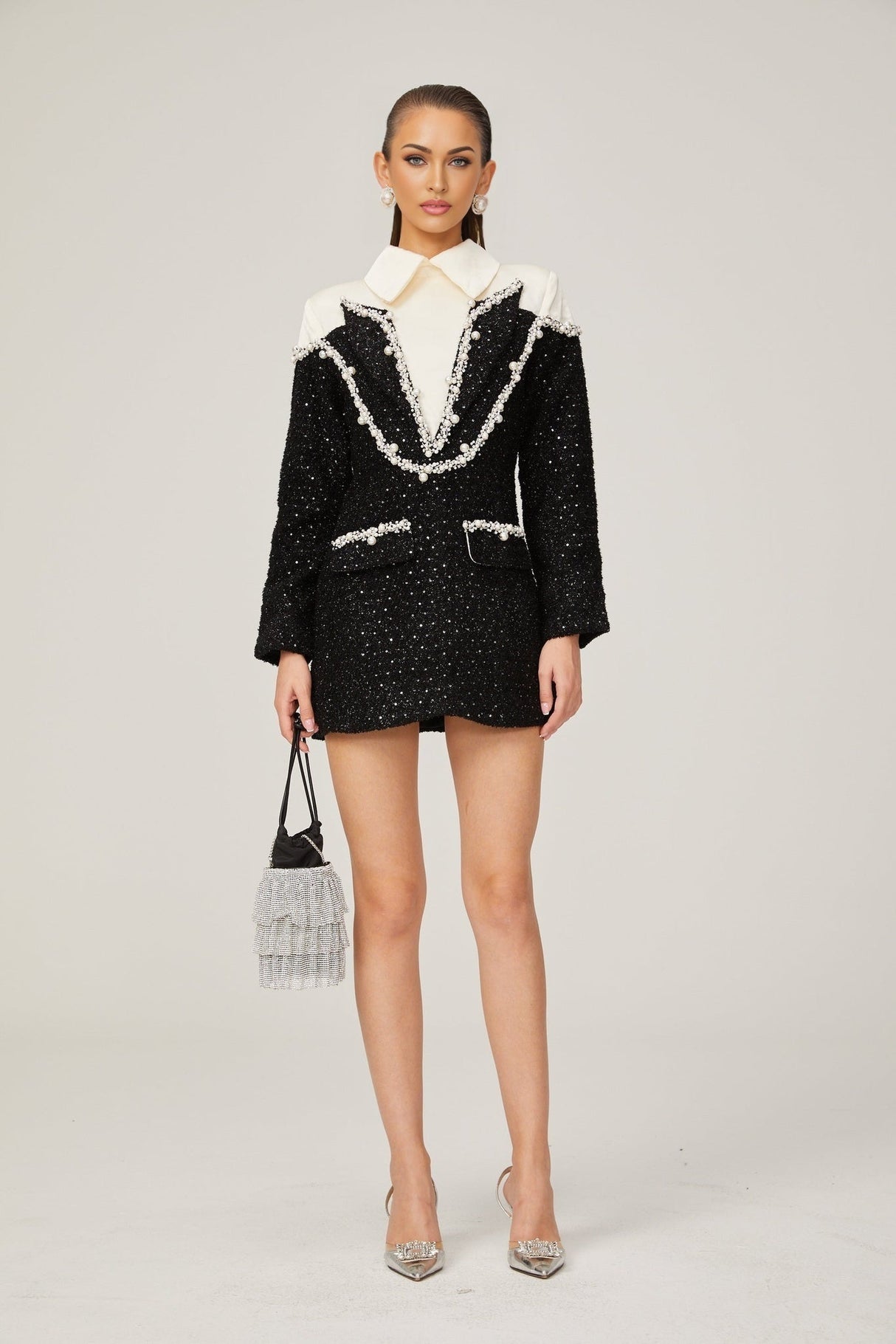 Olivia Mini Dress Monochrome Tweed Pearls
