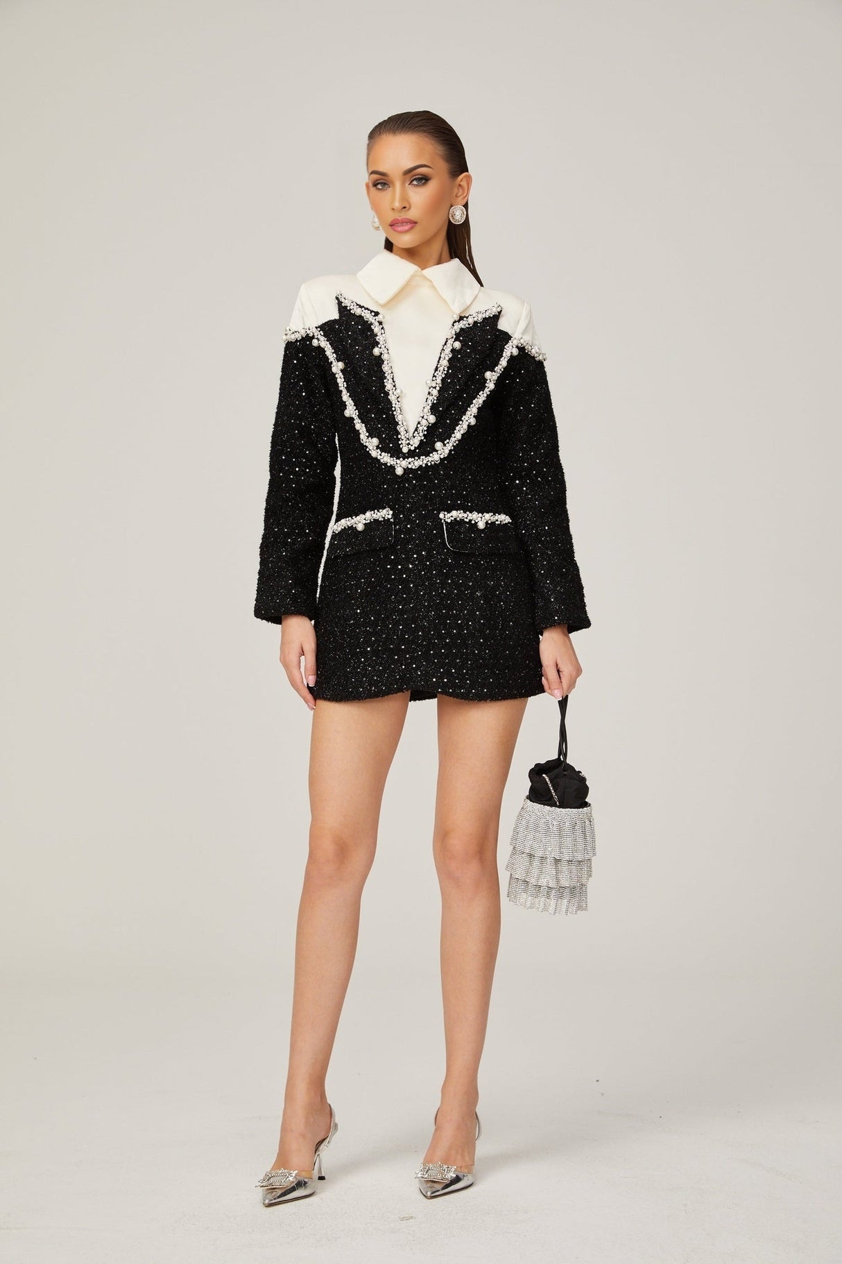 Olivia Mini Dress Monochrome Tweed Pearls