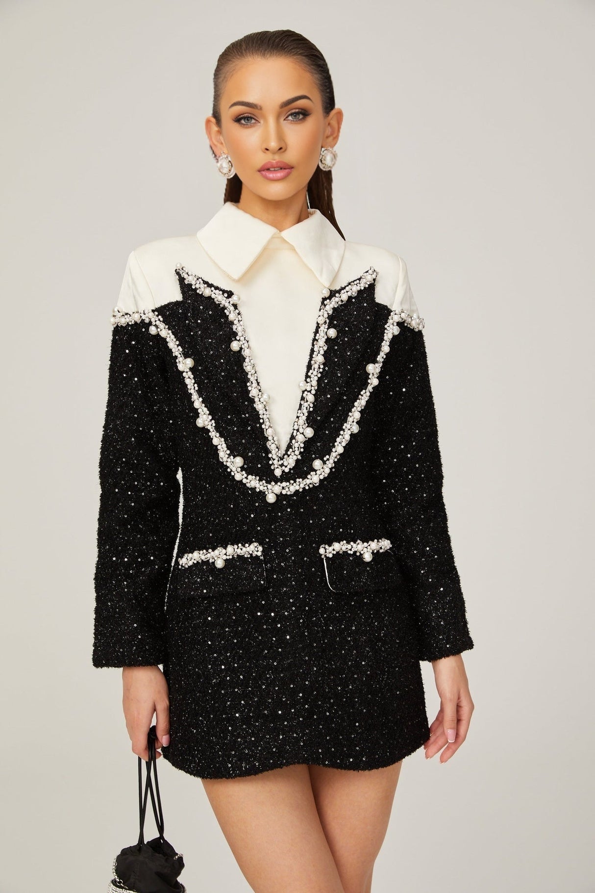 Olivia Mini Dress Monochrome Tweed Pearls