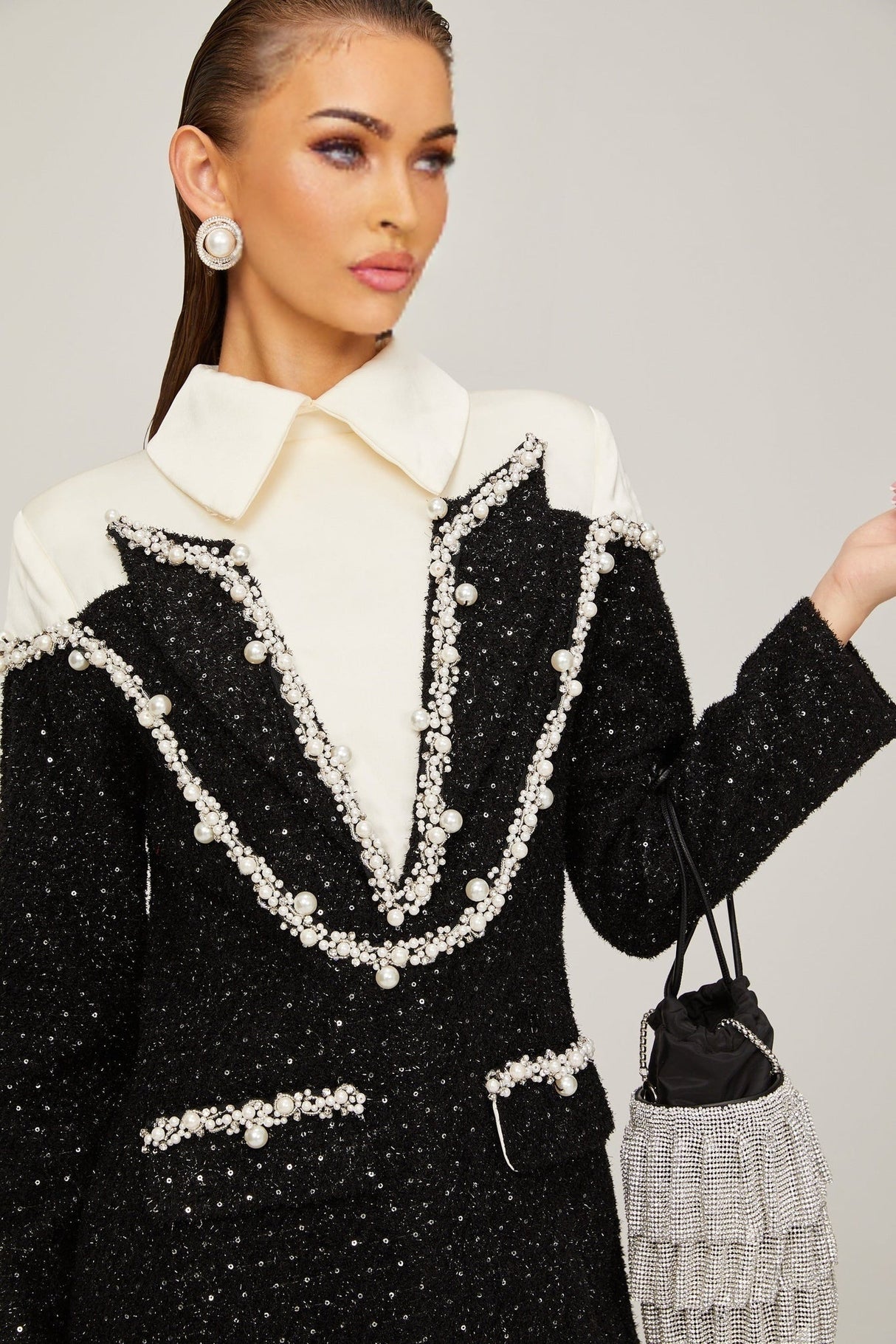 Olivia Mini Dress Monochrome Tweed Pearls