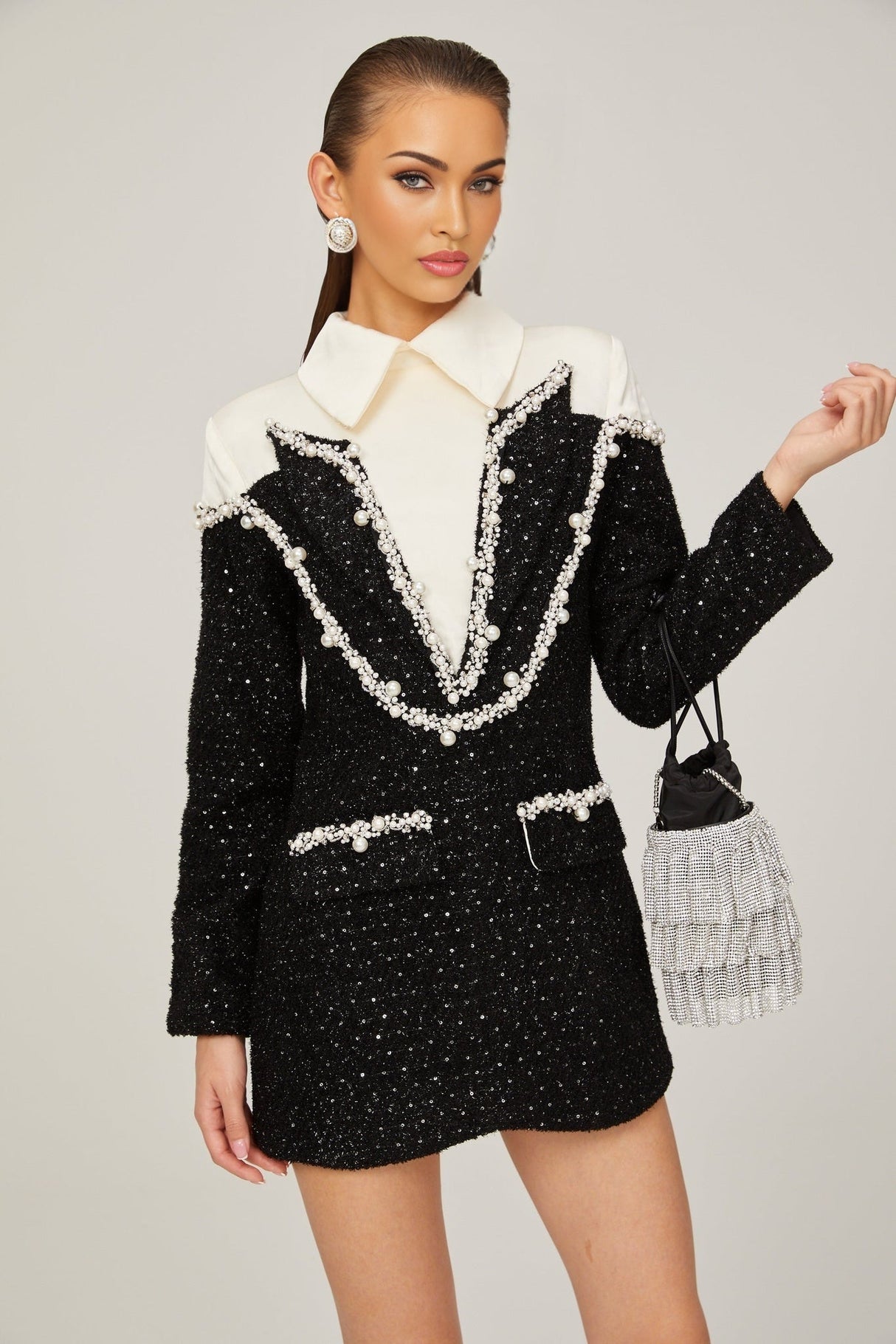 Olivia Mini Dress Monochrome Tweed Pearls
