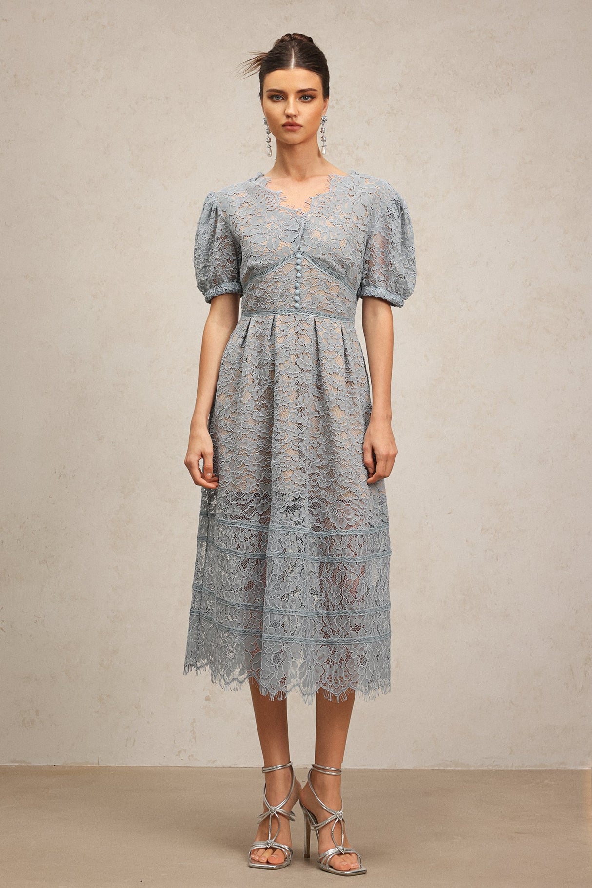 Ornella Blue Lace Dress with Short Puff Sleeves V-Neckline and Flower Detailing