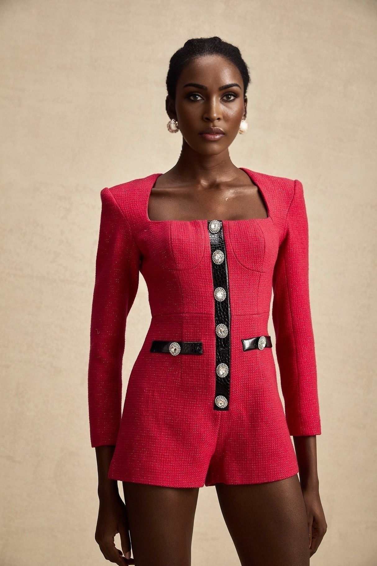 Ornella Bodysuit Pink & Black Cut Out Crystal Buttons