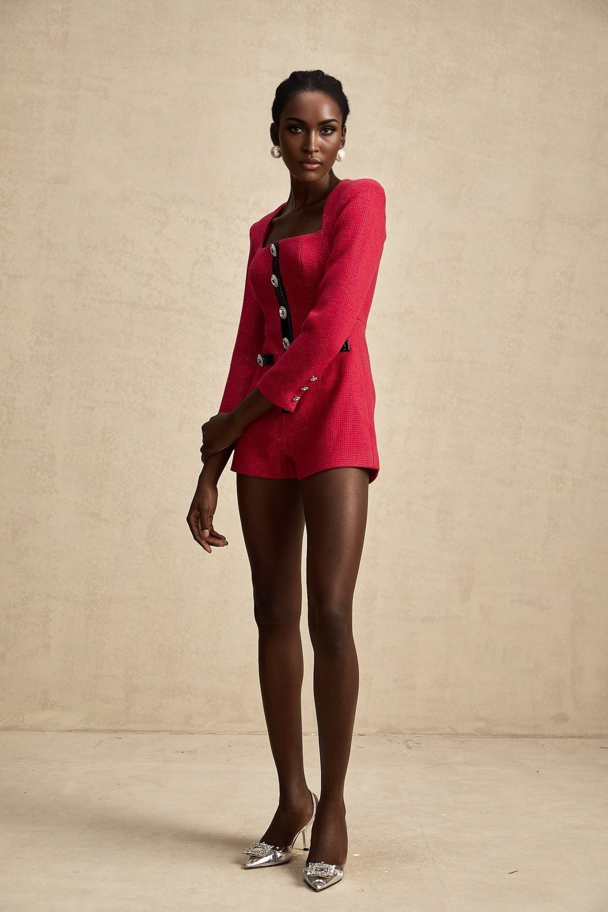 Ornella Bodysuit Pink & Black Cut Out Crystal Buttons