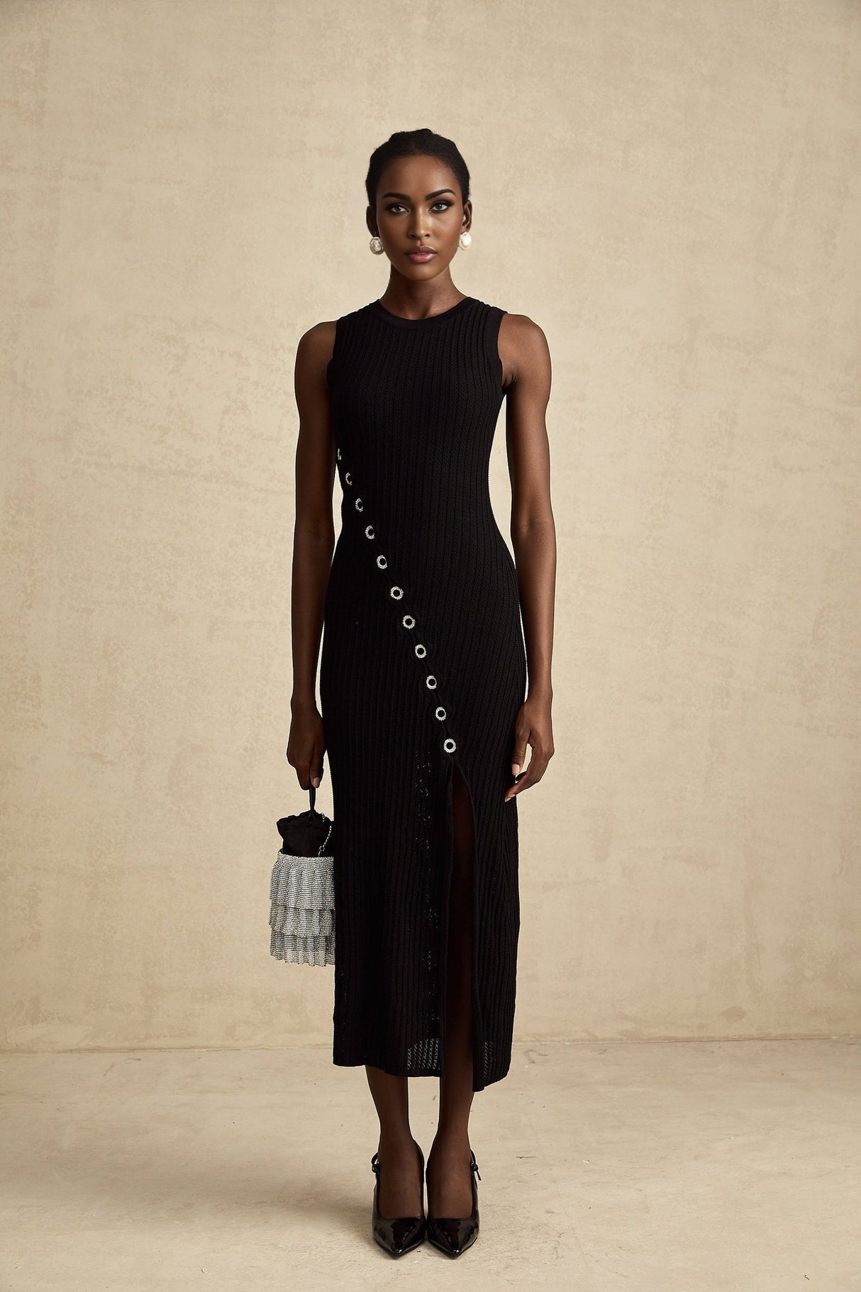 Ornella Midi Dress Black Stretch Jersey Diamond Hoop Slit