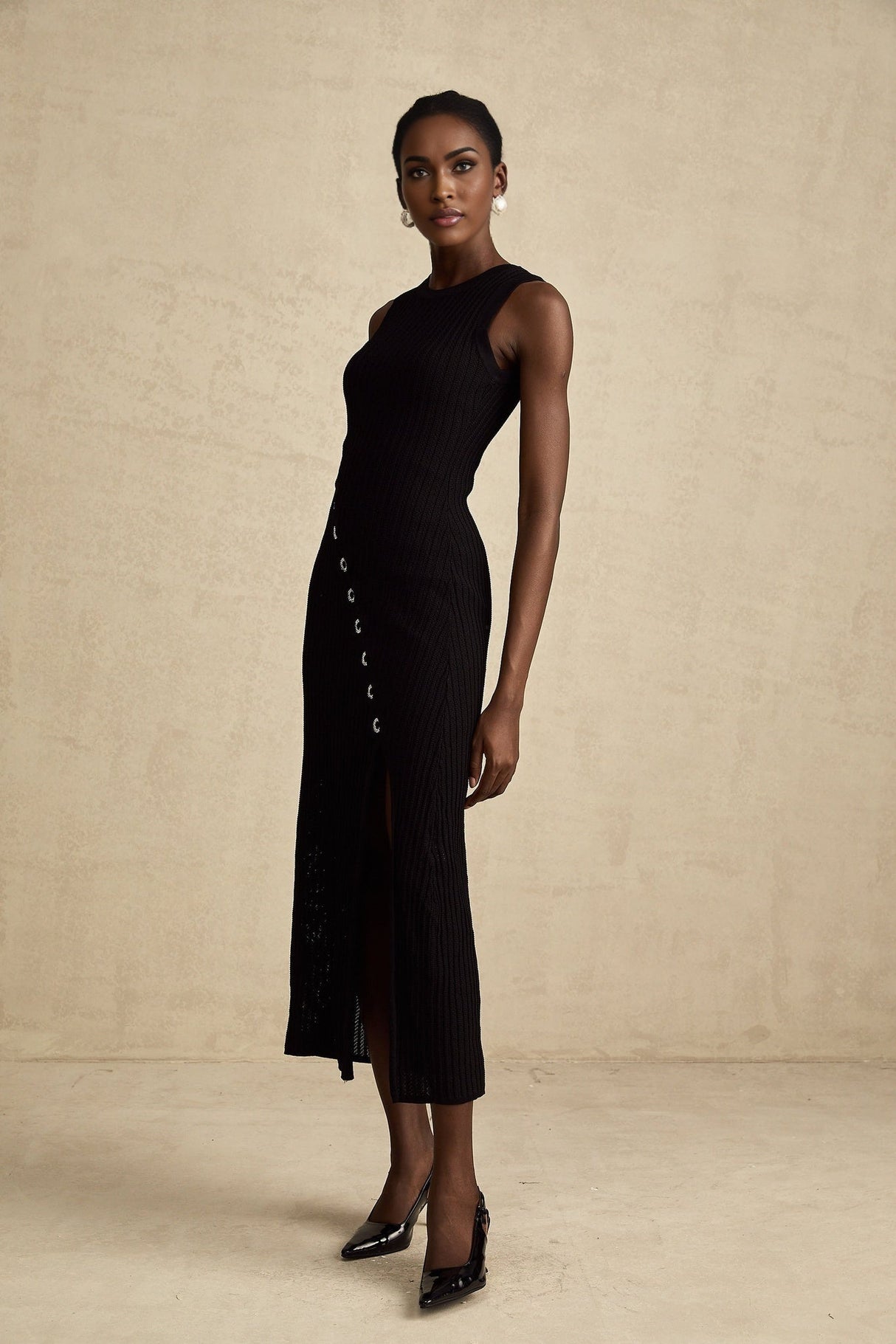 Ornella Midi Dress Black Stretch Jersey Diamond Hoop Slit
