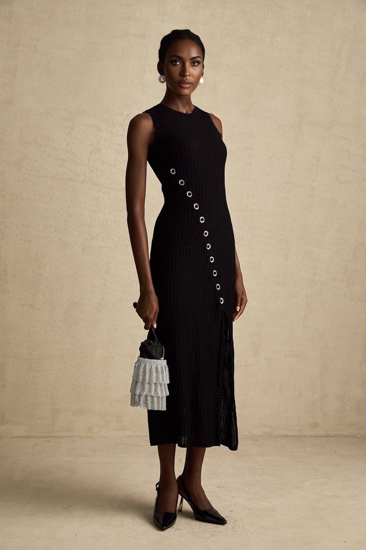 Ornella Midi Dress Black Stretch Jersey Diamond Hoop Slit