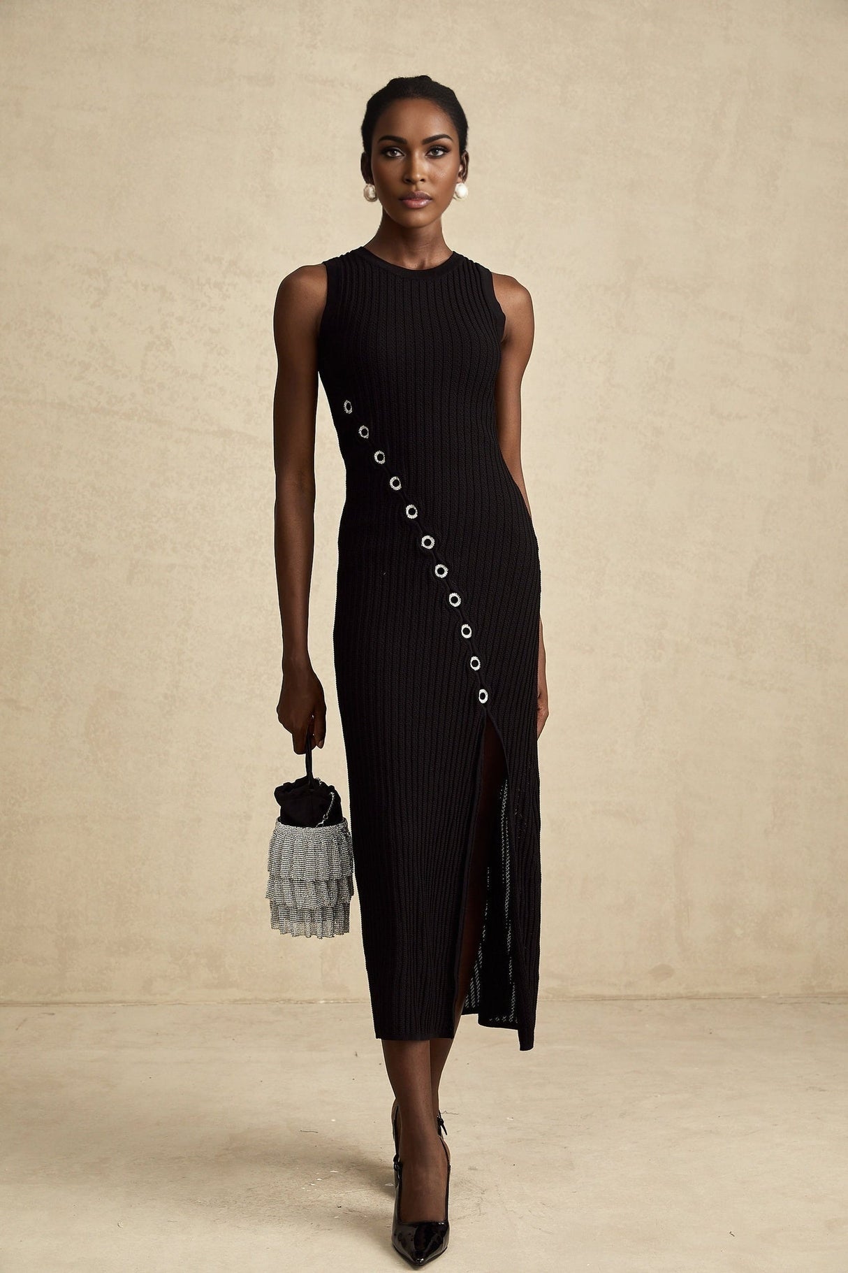 Ornella Midi Dress Black Stretch Jersey Diamond Hoop Slit
