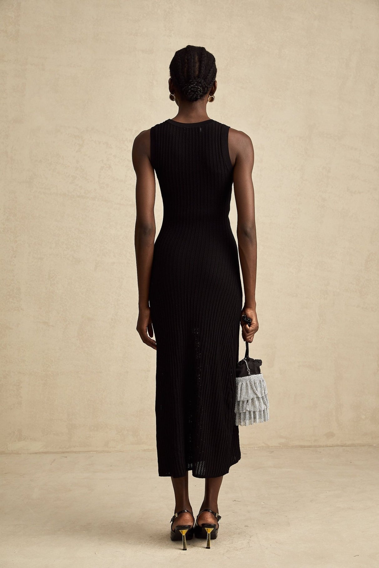 Ornella Midi Dress Black Stretch Jersey Diamond Hoop Slit