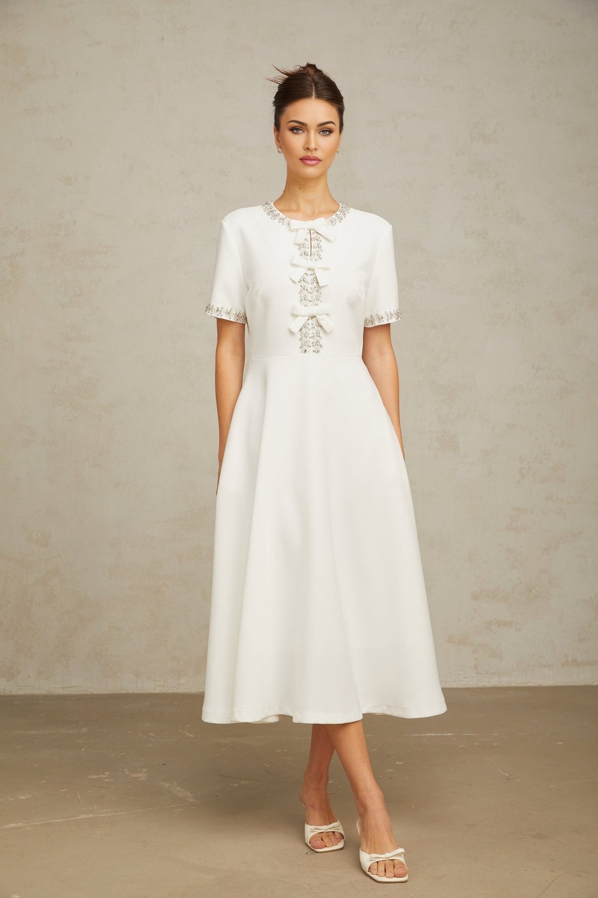 Ornella Midi Dress White Crystal Bow Flare Skirt