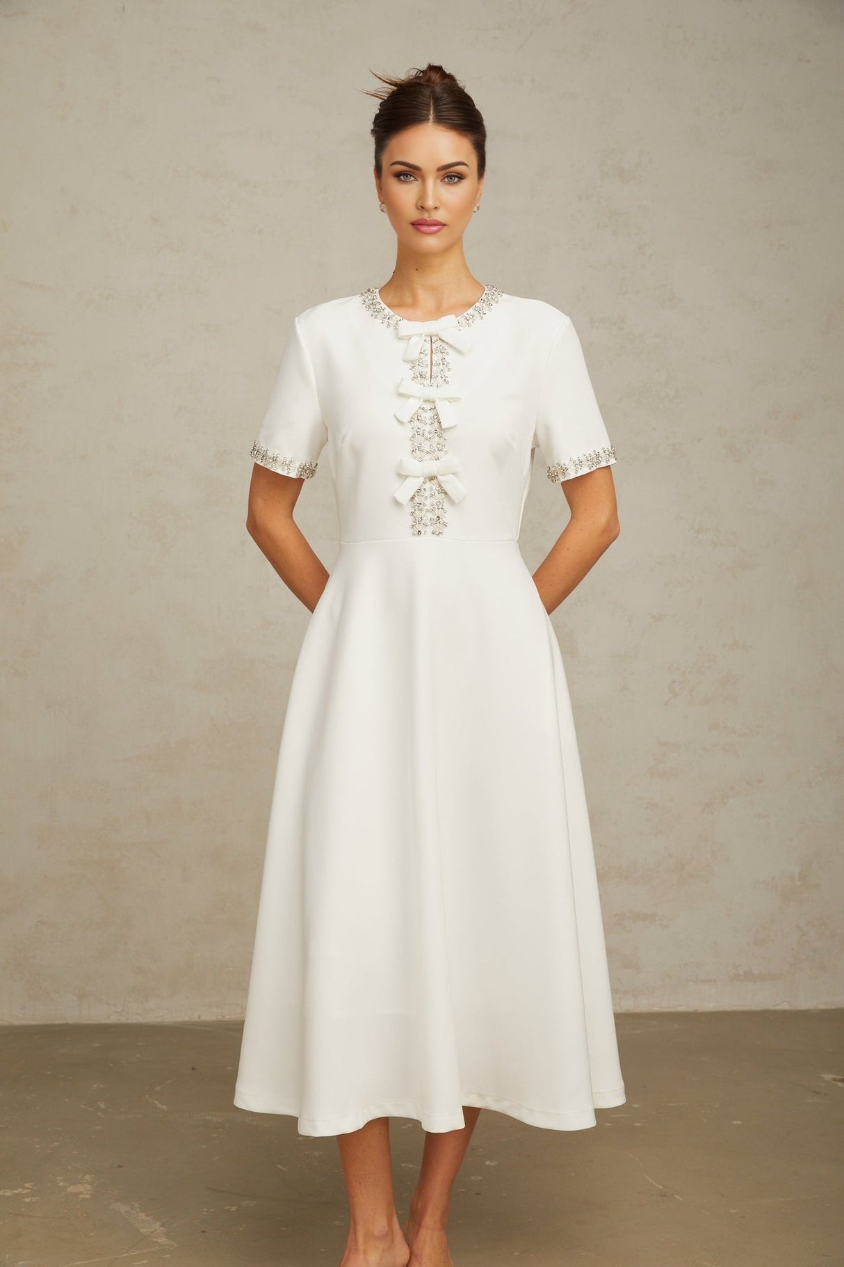 Ornella Midi Dress White Crystal Bow Flare Skirt