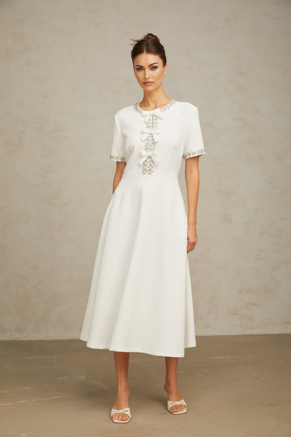 Ornella Midi Dress White Crystal Bow Flare Skirt