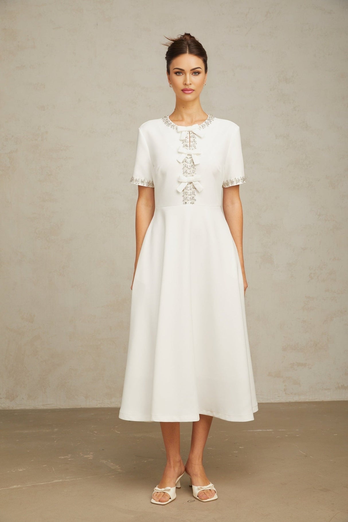 Ornella Midi Dress White Crystal Bow Flare Skirt