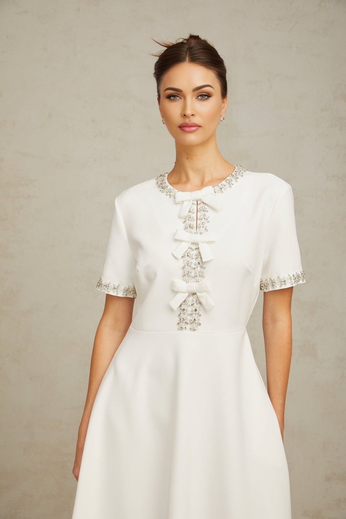 Ornella Midi Dress White Crystal Bow Flare Skirt