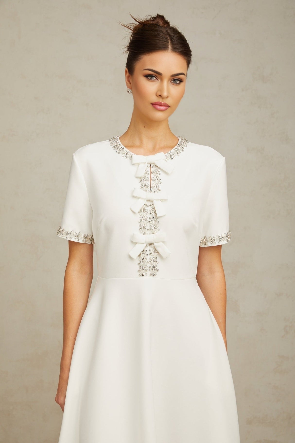 Ornella Midi Dress White Crystal Bow Flare Skirt