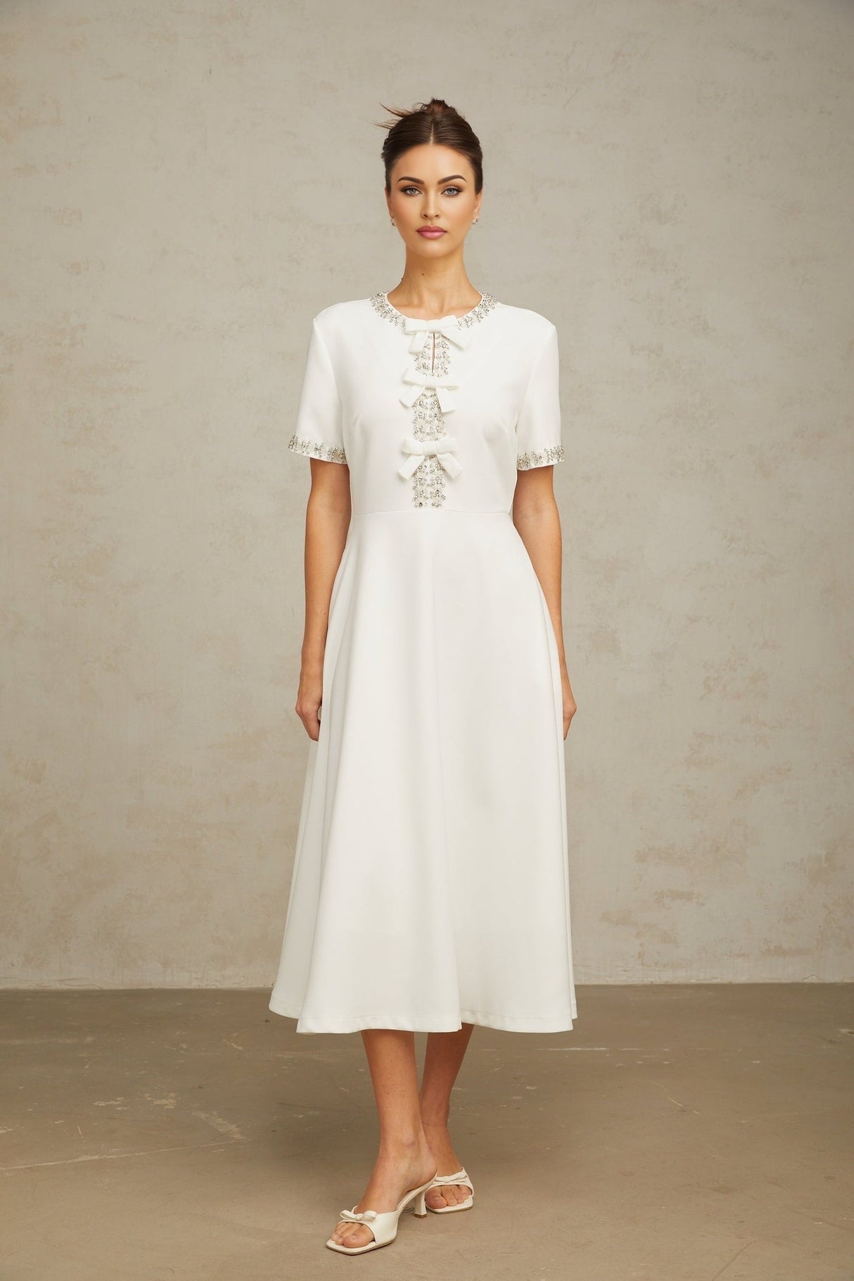 Ornella Midi Dress White Crystal Bow Flare Skirt