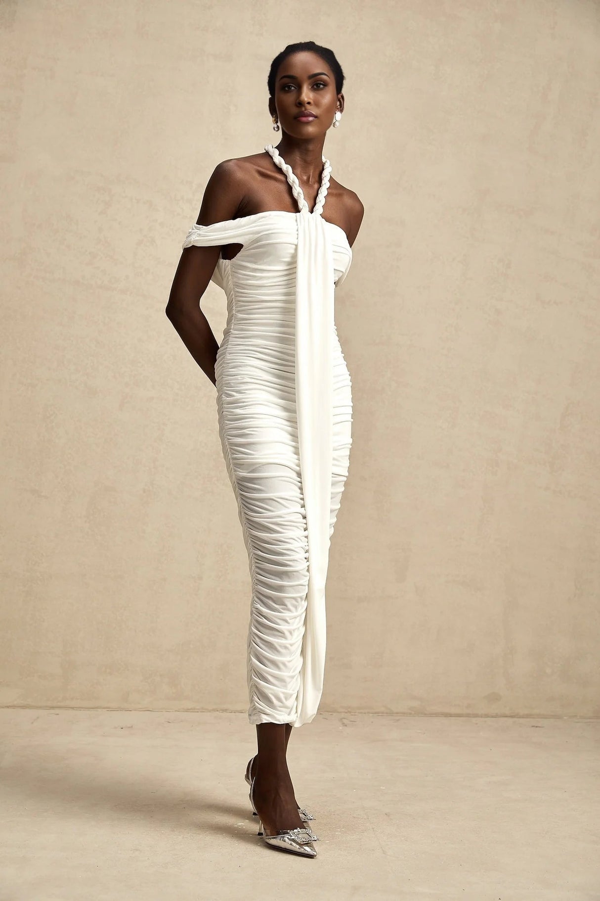 Ornella Midi Dress White Off - Shoulder Braid & Rope Detail