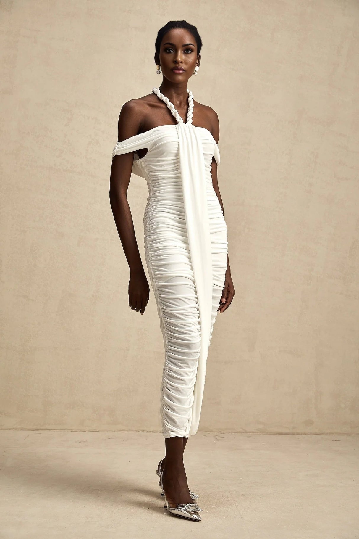 Ornella Midi Dress White Off - Shoulder Braid & Rope Detail