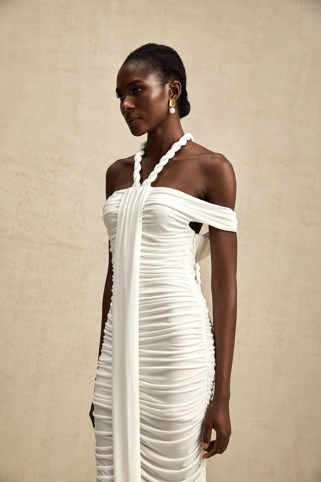 Ornella Midi Dress White Off - Shoulder Braid & Rope Detail