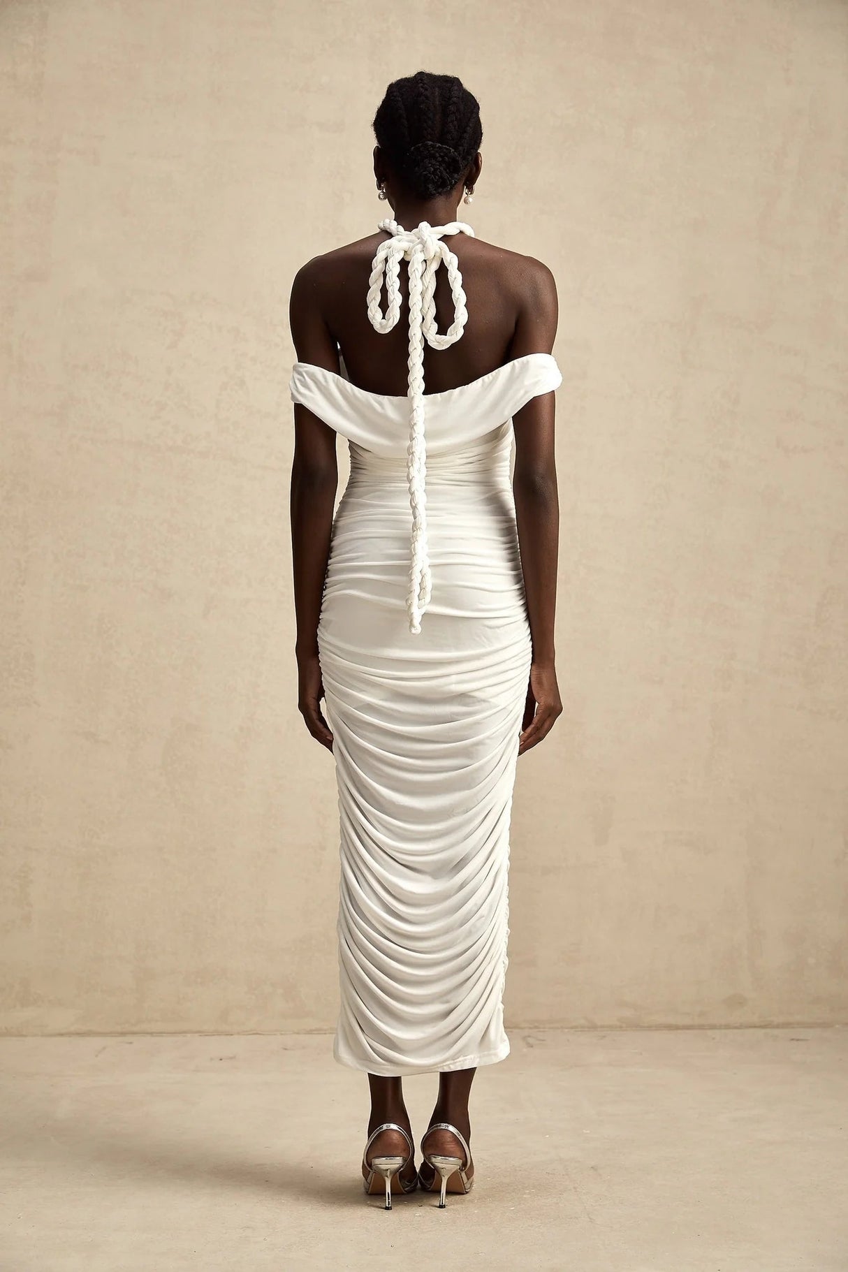 Ornella Midi Dress White Off - Shoulder Braid & Rope Detail