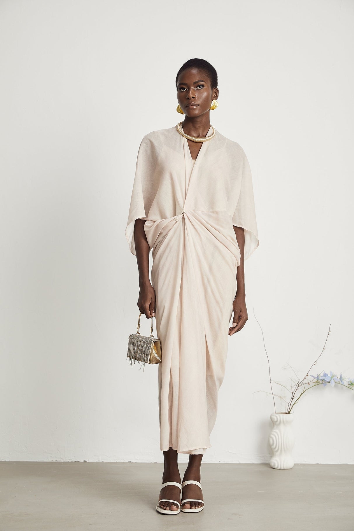 Ornella Neutral Deep V - Neck Midi Dress with Oversized Gathered Sleeves