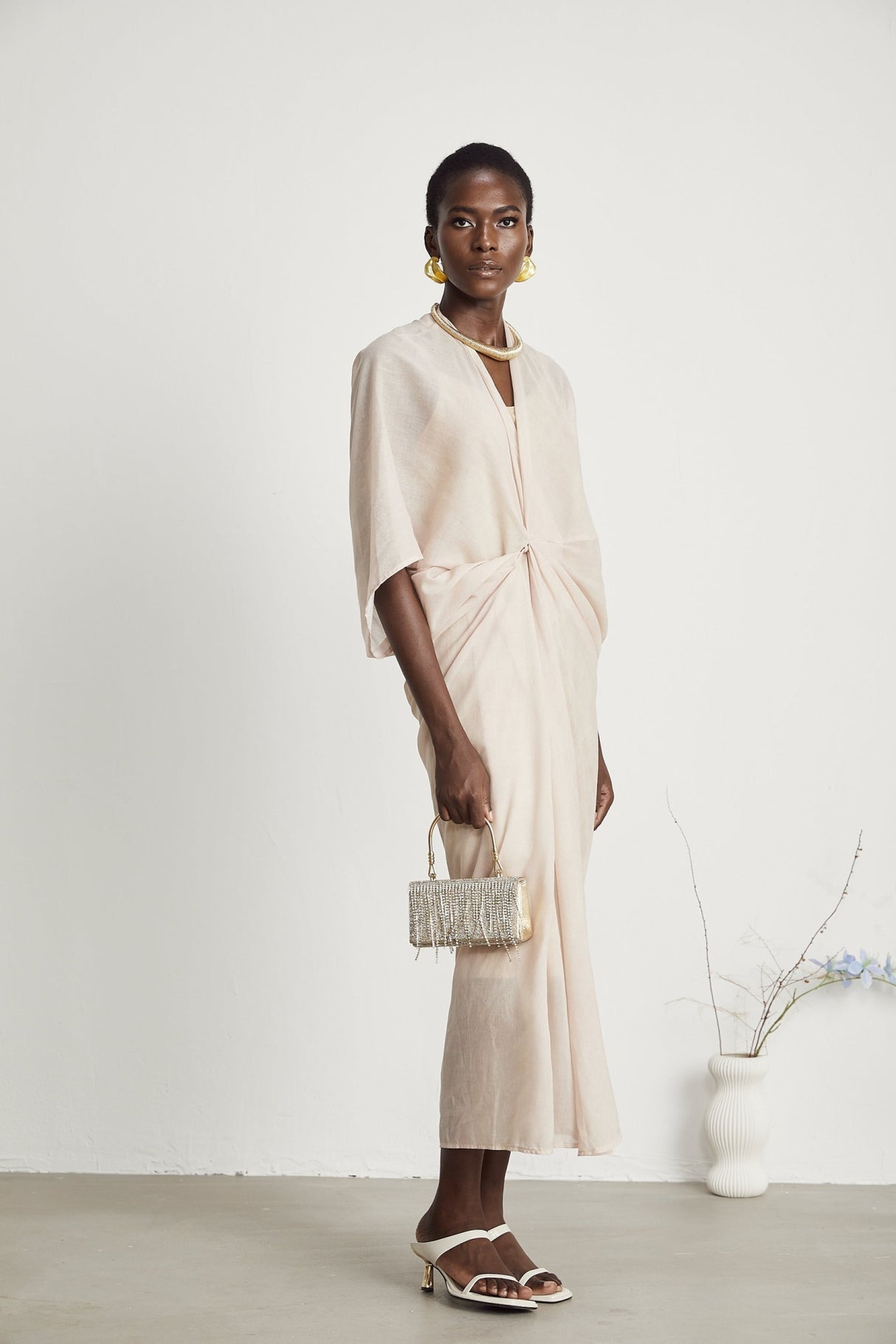 Ornella Neutral Deep V - Neck Midi Dress with Oversized Gathered Sleeves