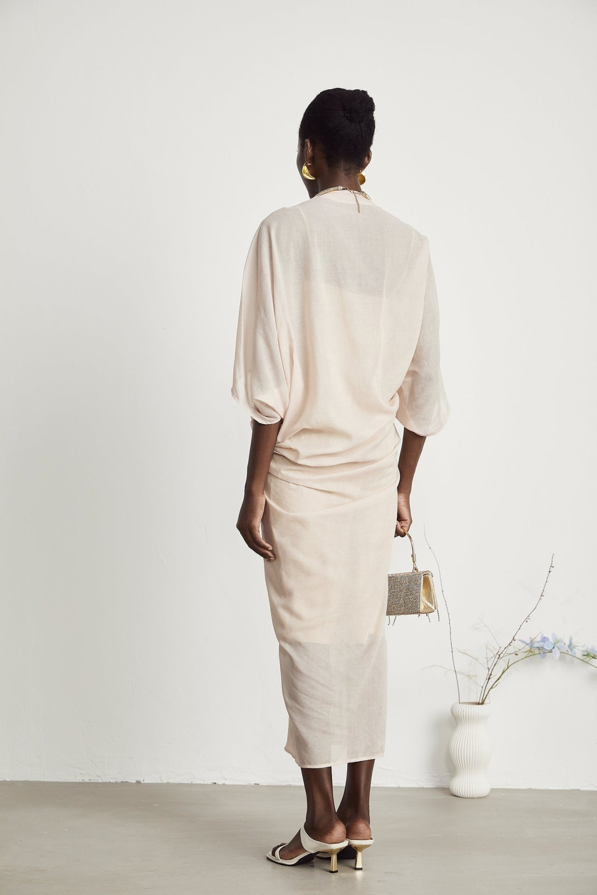 Ornella Neutral Deep V - Neck Midi Dress with Oversized Gathered Sleeves