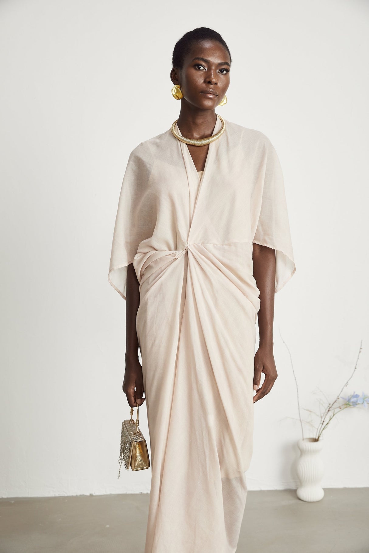 Ornella Neutral Deep V - Neck Midi Dress with Oversized Gathered Sleeves