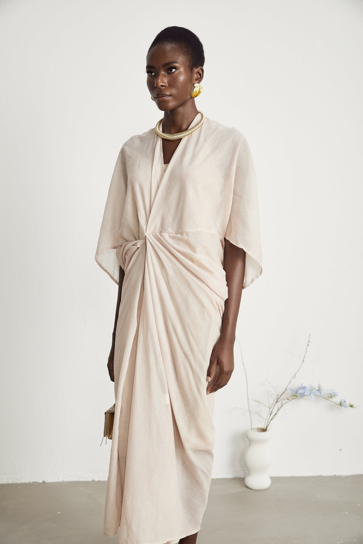 Ornella Neutral Deep V - Neck Midi Dress with Oversized Gathered Sleeves