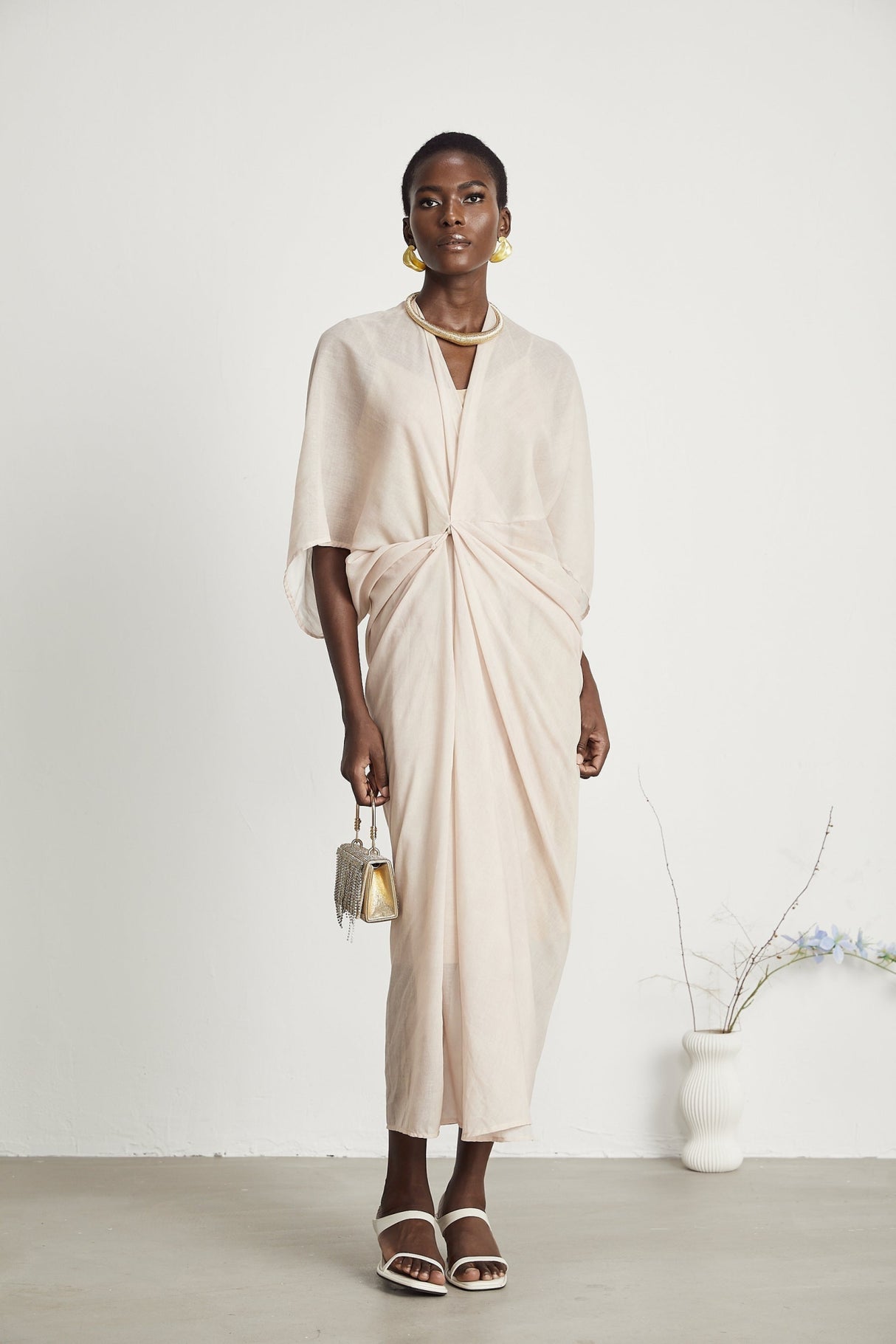 Ornella Neutral Deep V - Neck Midi Dress with Oversized Gathered Sleeves