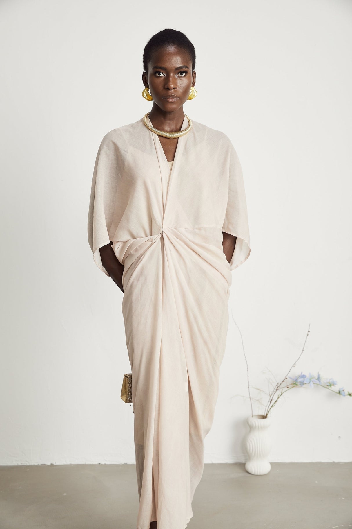 Ornella Neutral Deep V - Neck Midi Dress with Oversized Gathered Sleeves