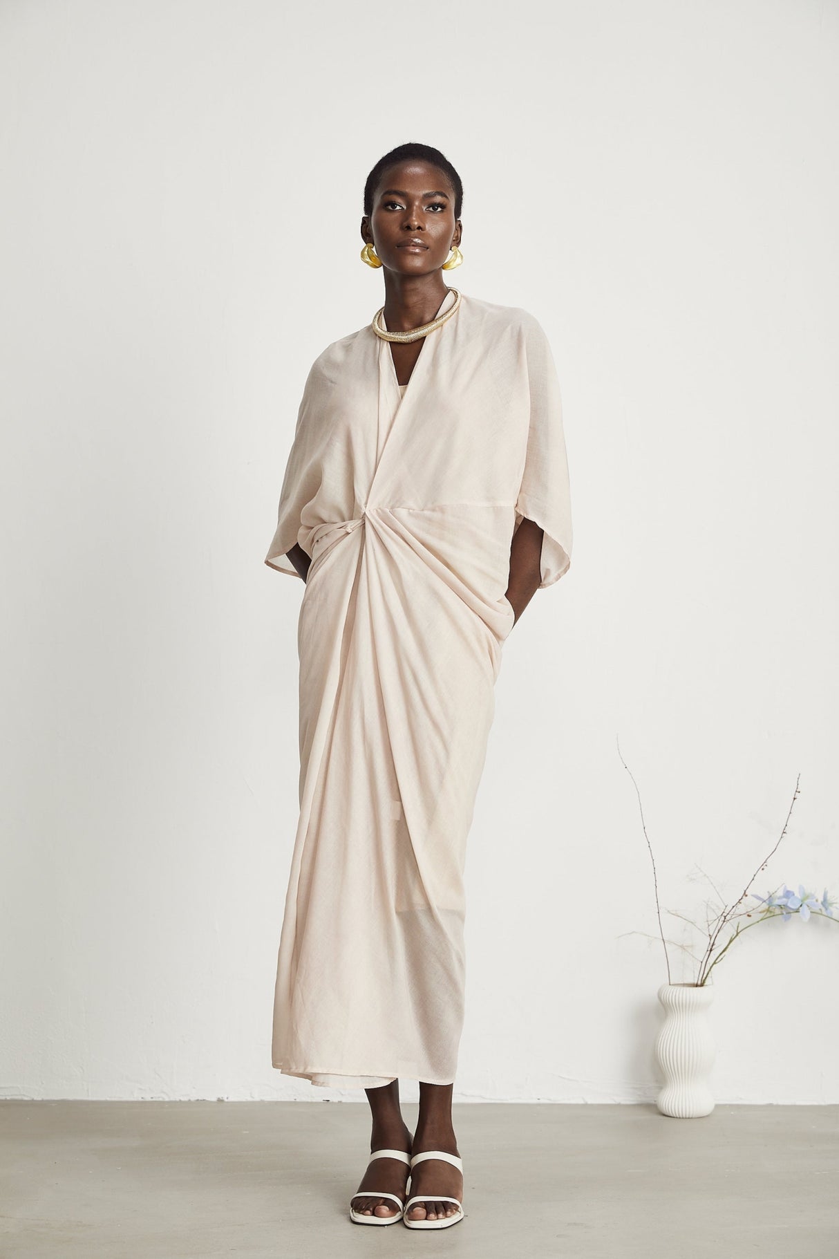 Ornella Neutral Deep V - Neck Midi Dress with Oversized Gathered Sleeves