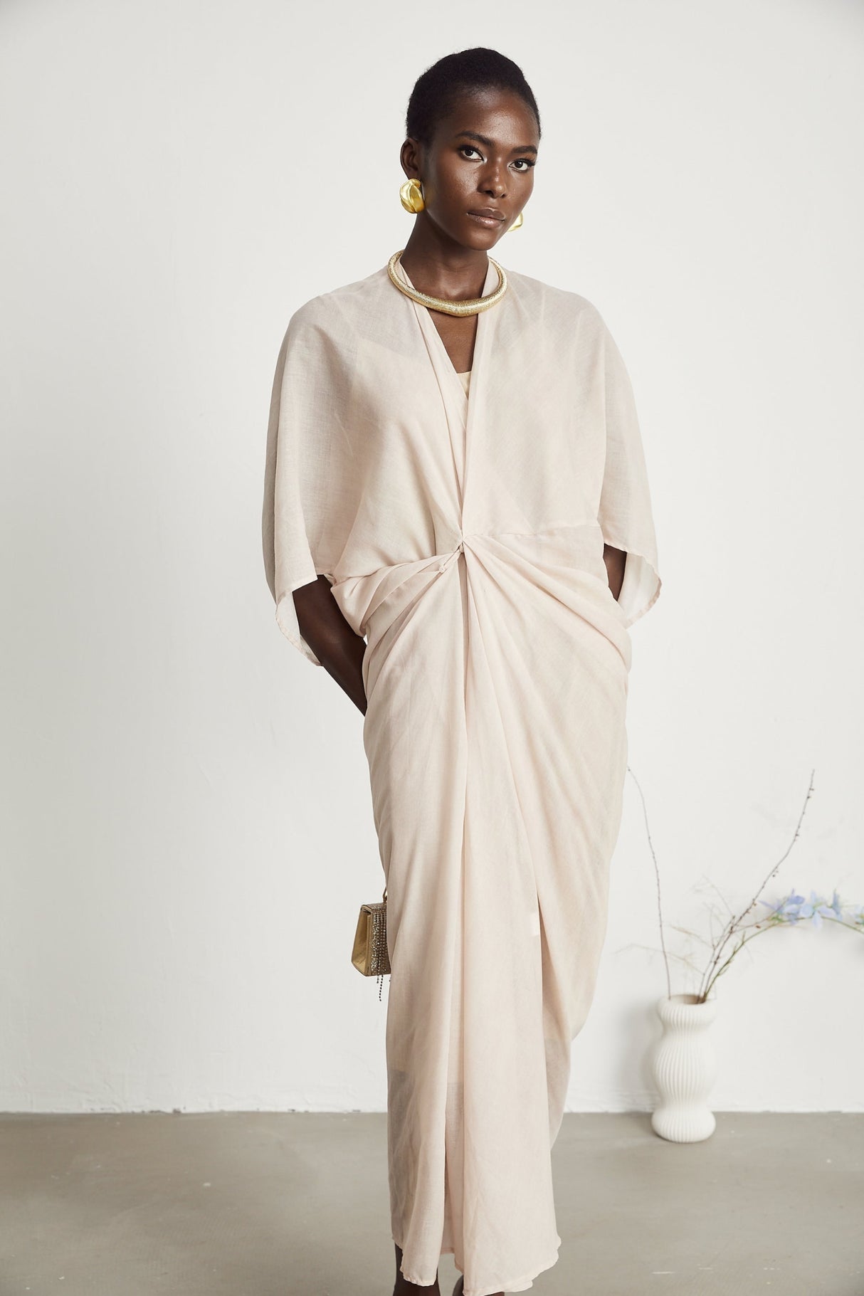 Ornella Neutral Deep V - Neck Midi Dress with Oversized Gathered Sleeves