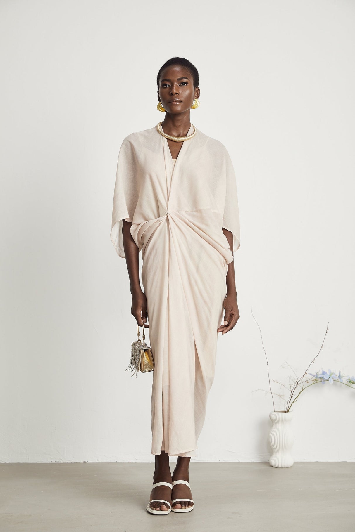 Ornella Neutral Deep V - Neck Midi Dress with Oversized Gathered Sleeves